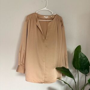 Vince Beige Satin Long-Sleeve Button Down Blouse